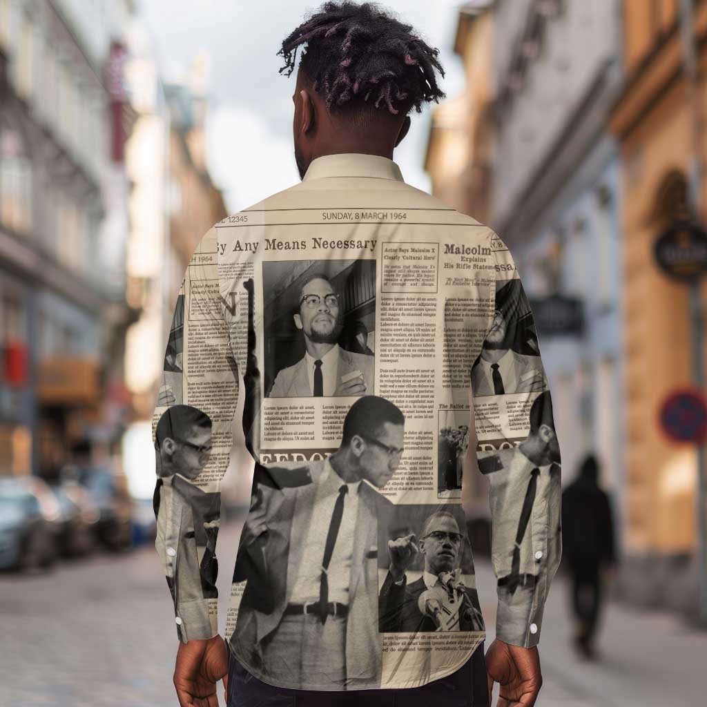 Malcolm X Vintage Newspaper Print Style Long Sleeve Button Shirt - African Pride