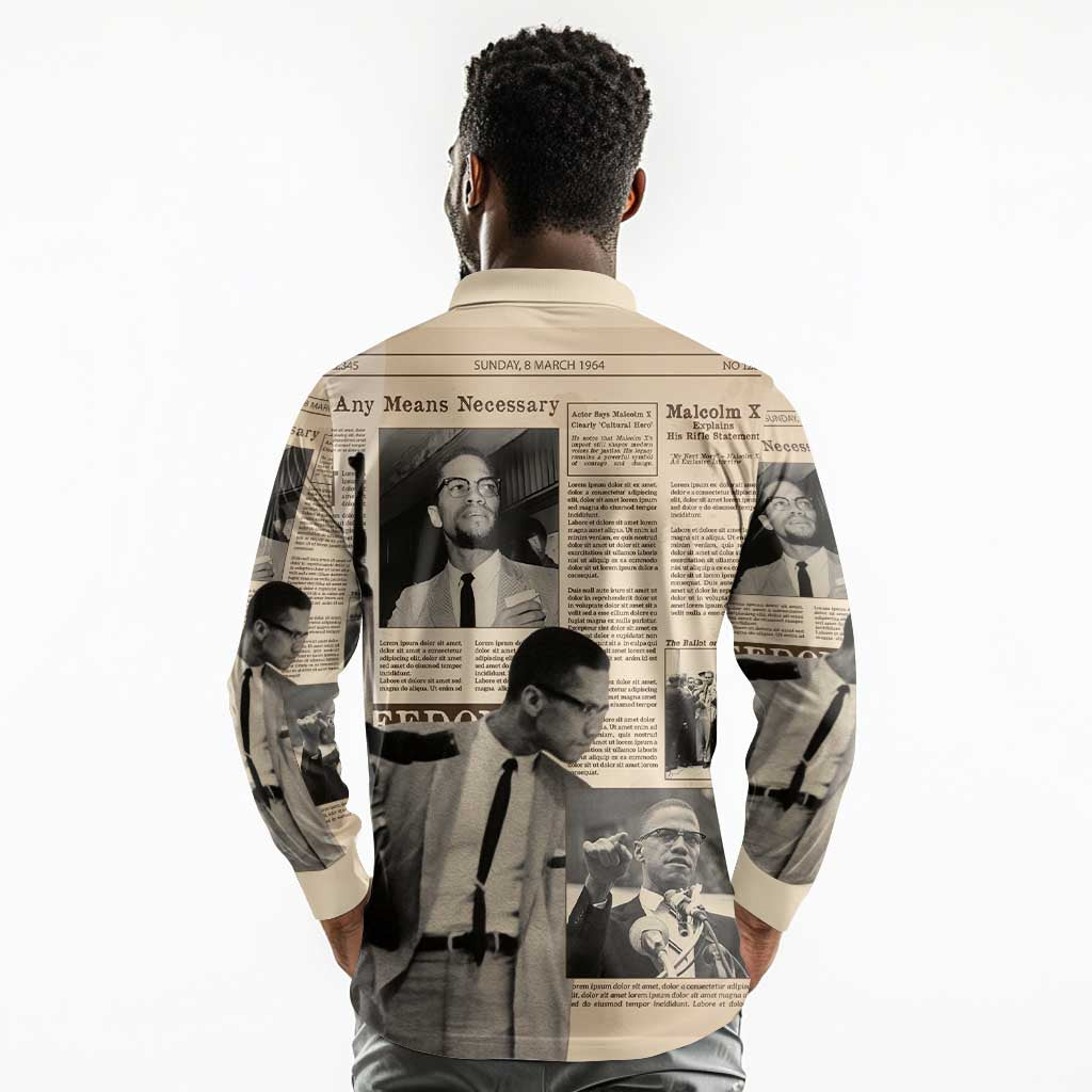 Malcolm X Vintage Newspaper Print Style Long Sleeve Polo Shirt - African Pride