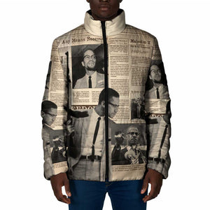 Malcolm X Padded Jacket Vintage Newspaper Print Style
