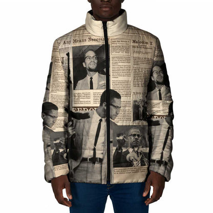 Malcolm X Padded Jacket Vintage Newspaper Print Style