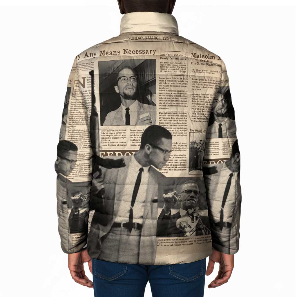 Malcolm X Padded Jacket Vintage Newspaper Print Style