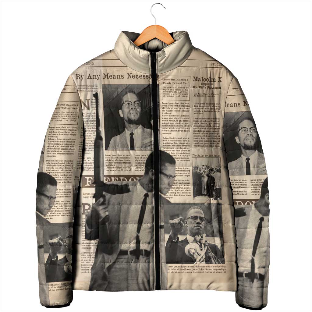Malcolm X Padded Jacket Vintage Newspaper Print Style