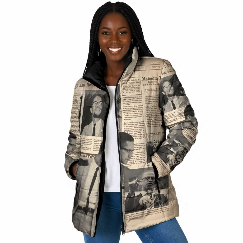 Malcolm X Padded Jacket Vintage Newspaper Print Style