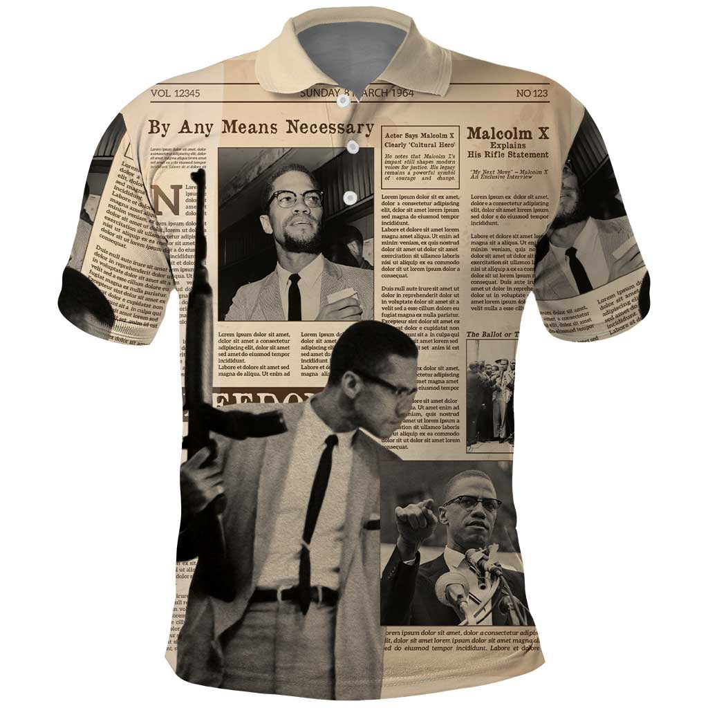 Malcolm X Vintage Newspaper Print Style Polo Shirt LT15