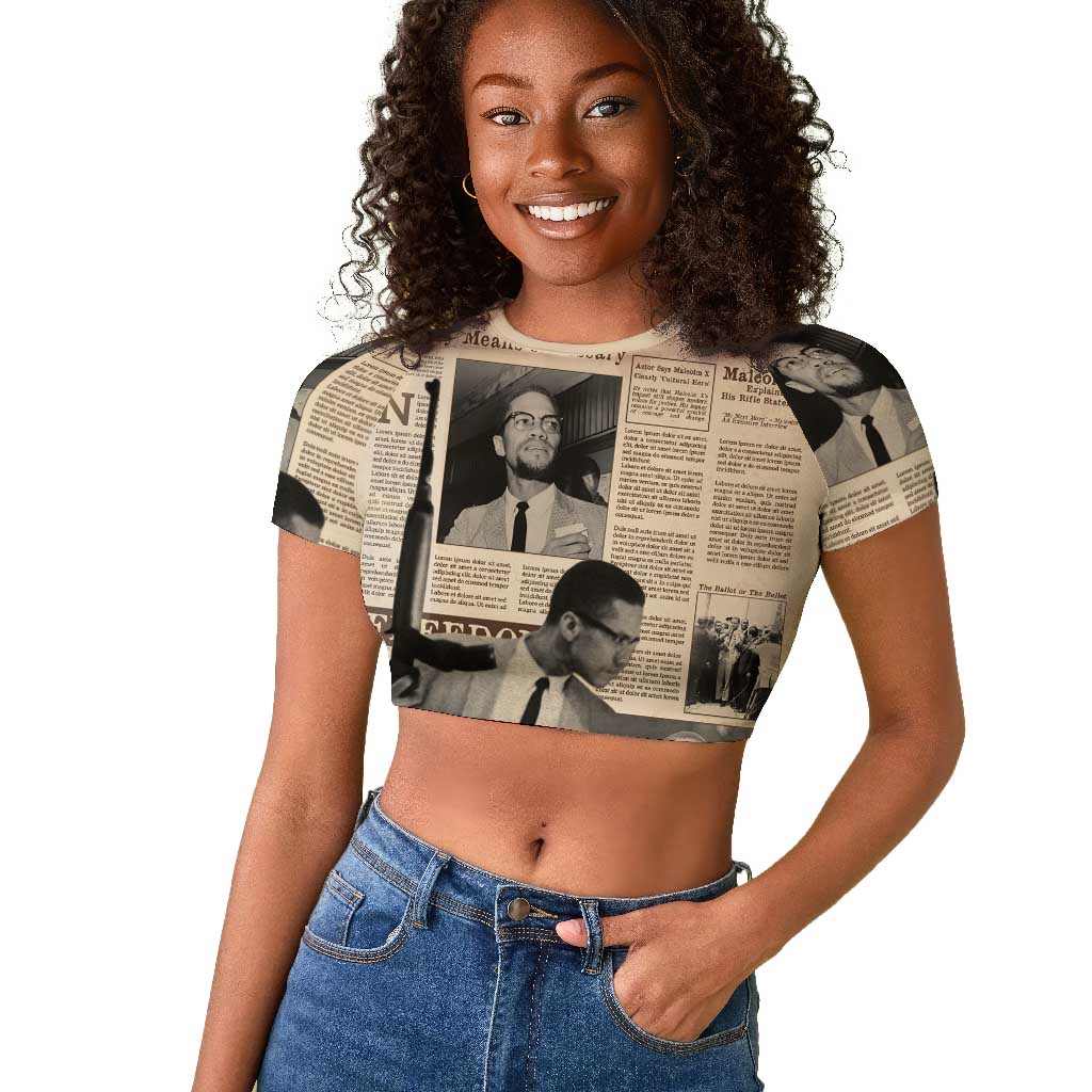 Malcolm X Vintage Newspaper Print Style Raglan Cropped T shirt LT15
