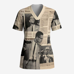Malcolm X Vintage Newspaper Print Style Scrub Top - African Pride