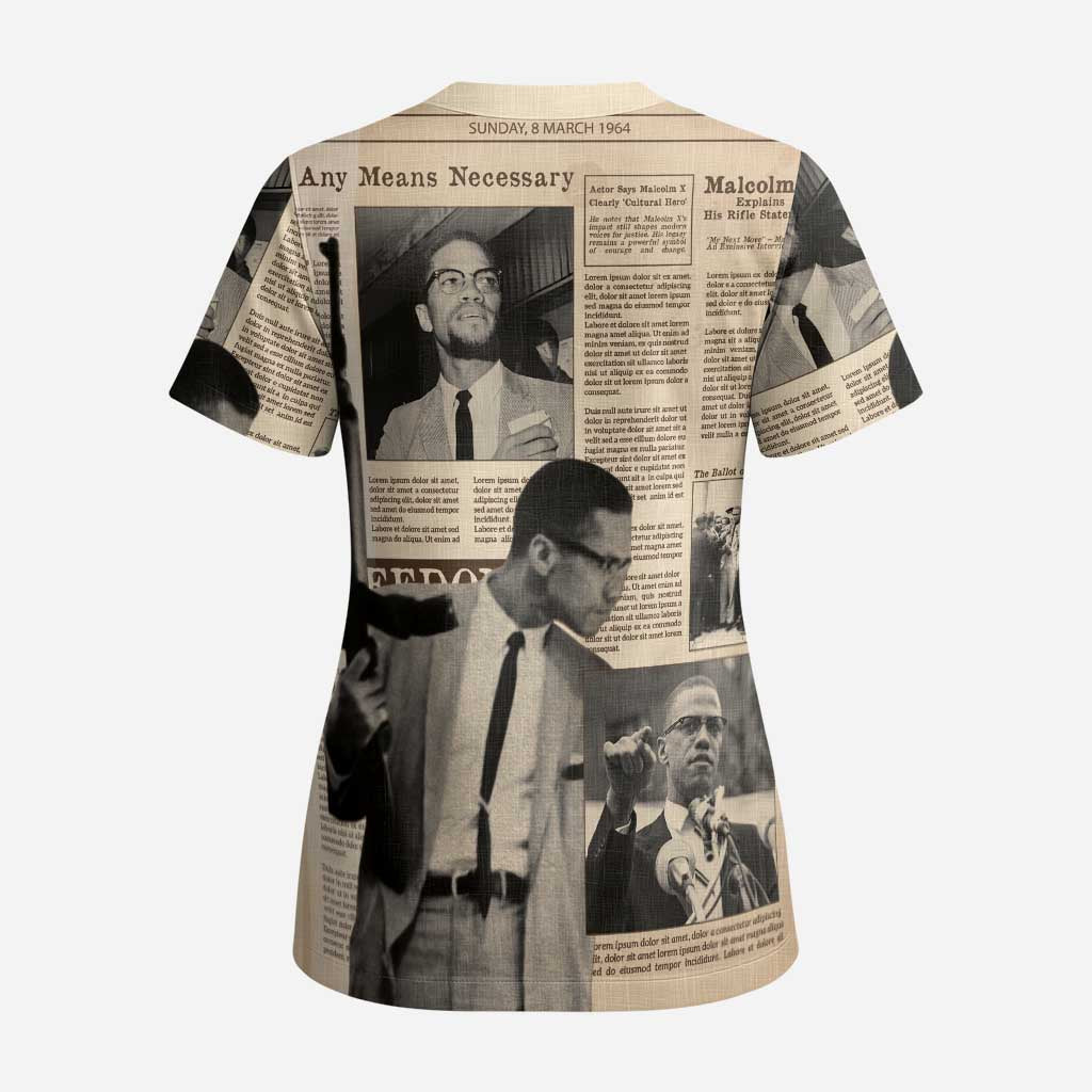 Malcolm X Vintage Newspaper Print Style Scrub Top - African Pride