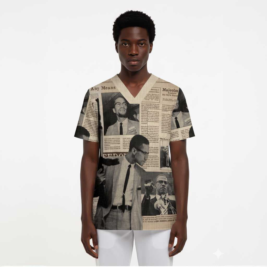 Malcolm X Vintage Newspaper Print Style Scrub Top - African Pride
