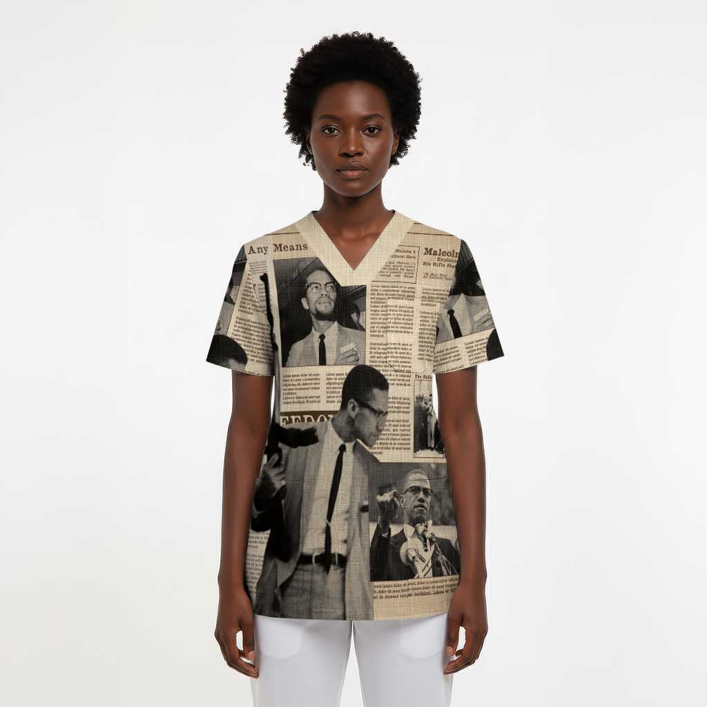 Malcolm X Vintage Newspaper Print Style Scrub Top - African Pride