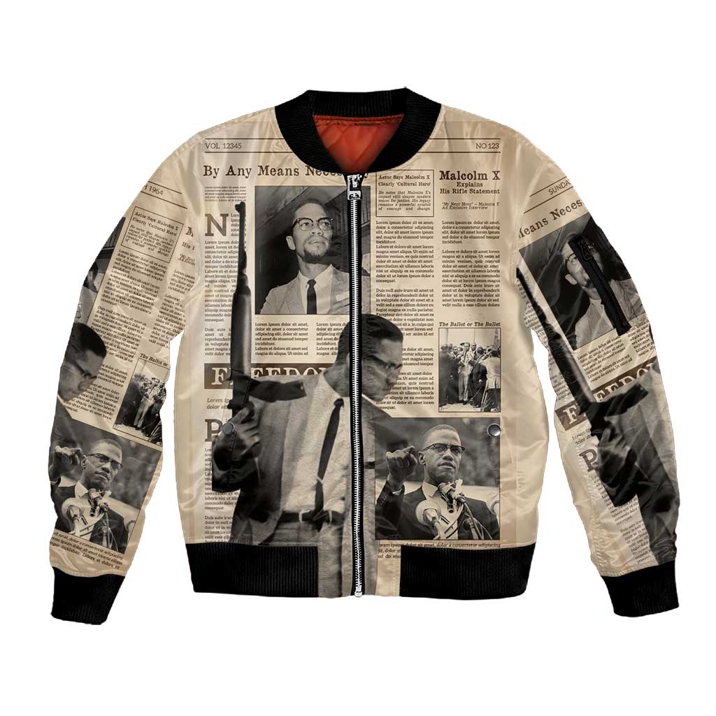 Malcolm X Vintage Newspaper Print Style Sleeve Zip Bomber Jacket - African Pride