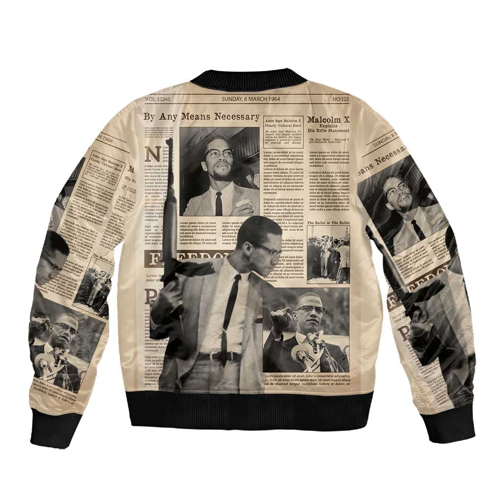 Malcolm X Vintage Newspaper Print Style Sleeve Zip Bomber Jacket - African Pride