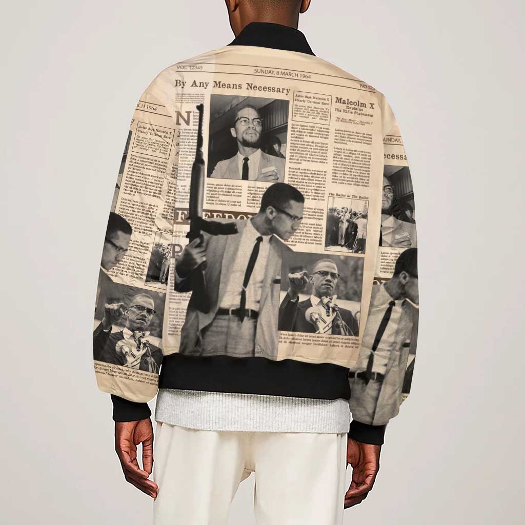 Malcolm X Vintage Newspaper Print Style Sleeve Zip Bomber Jacket - African Pride