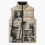 Malcolm X Sleeveless Puffer Jacket Vintage Newspaper Print Style