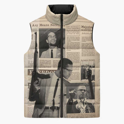 Malcolm X Sleeveless Puffer Jacket Vintage Newspaper Print Style