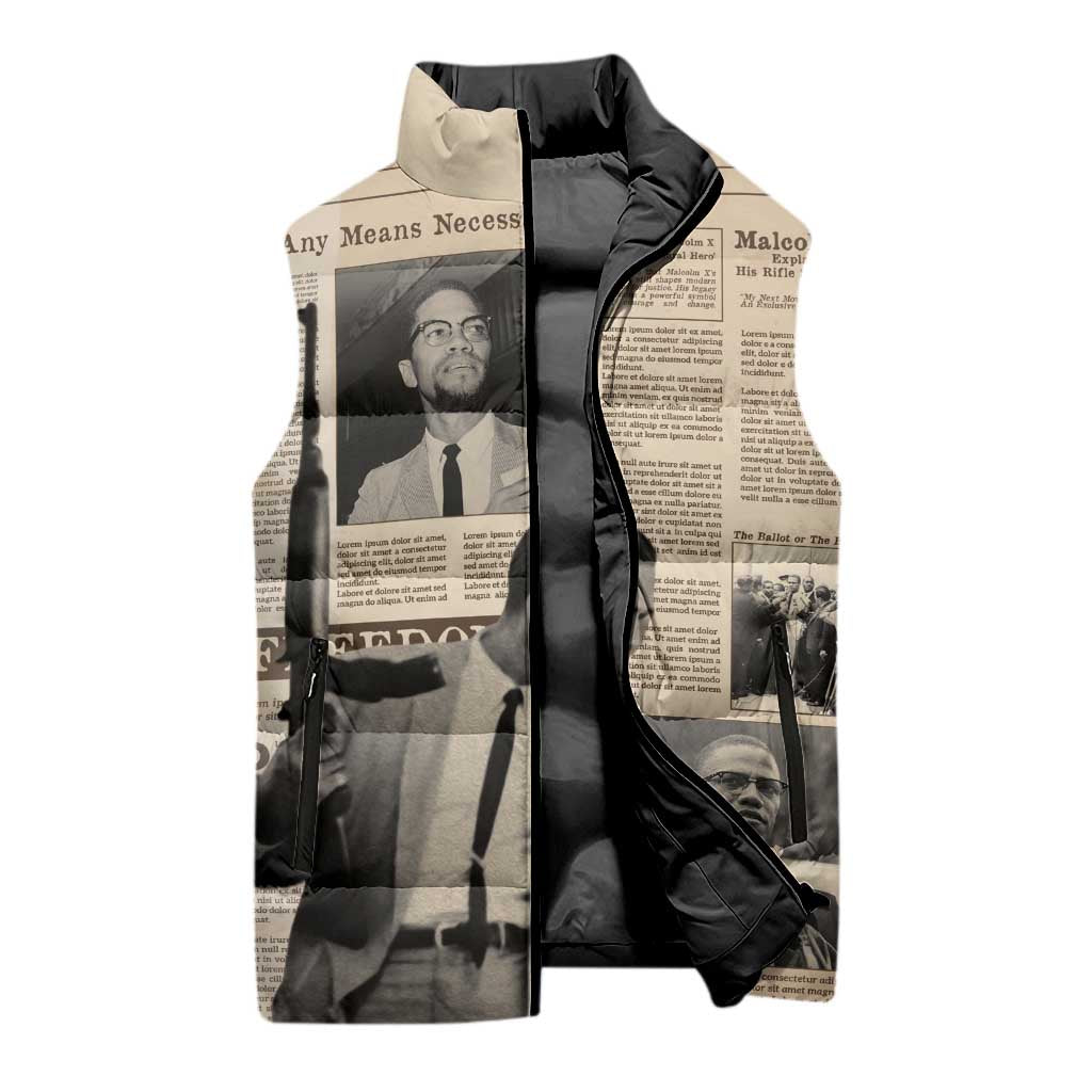 Malcolm X Sleeveless Puffer Jacket Vintage Newspaper Print Style