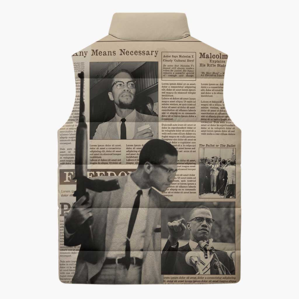 Malcolm X Sleeveless Puffer Jacket Vintage Newspaper Print Style