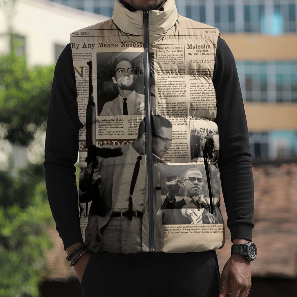 Malcolm X Sleeveless Puffer Jacket Vintage Newspaper Print Style
