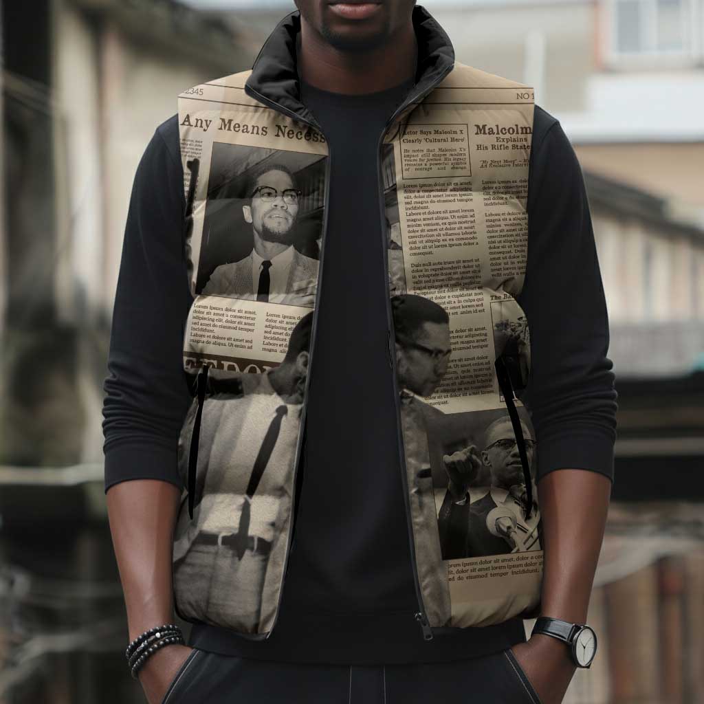 Malcolm X Sleeveless Puffer Jacket Vintage Newspaper Print Style