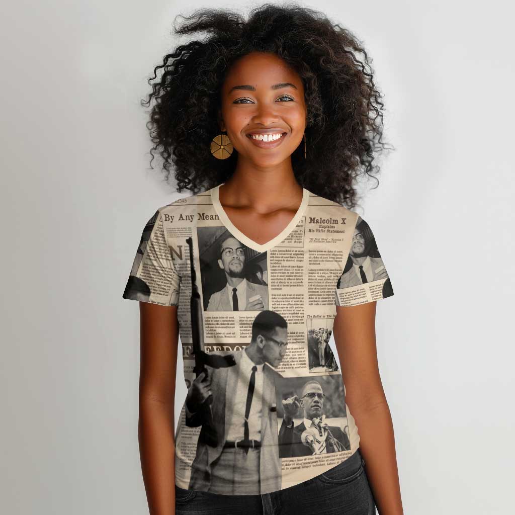 Malcolm X Vintage Newspaper Print Style Women V-Neck T-Shirt LT15
