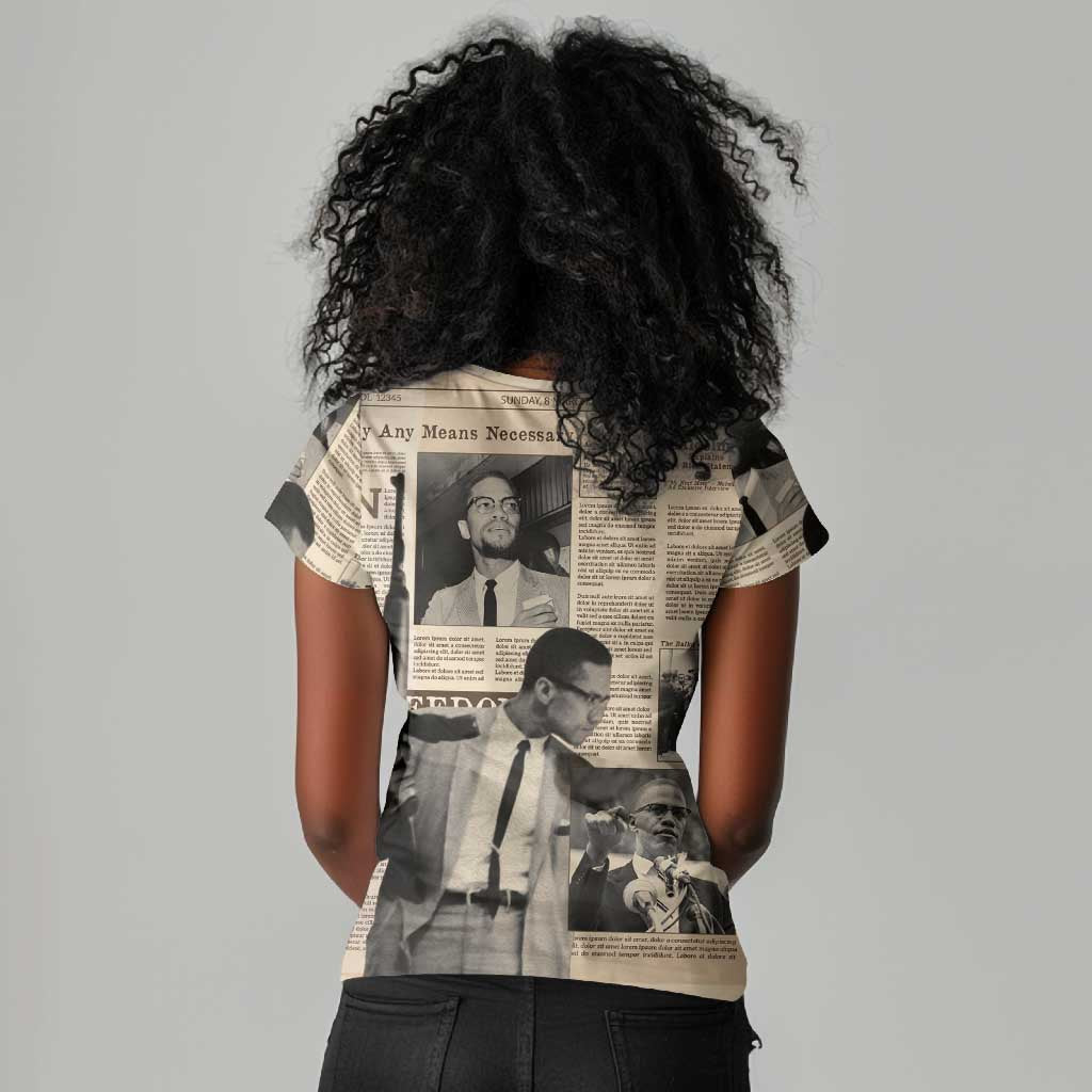 Malcolm X Vintage Newspaper Print Style Women V-Neck T-Shirt LT15