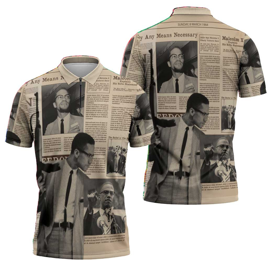 Malcolm X Zipper Polo Shirt Vintage Newspaper Print Style