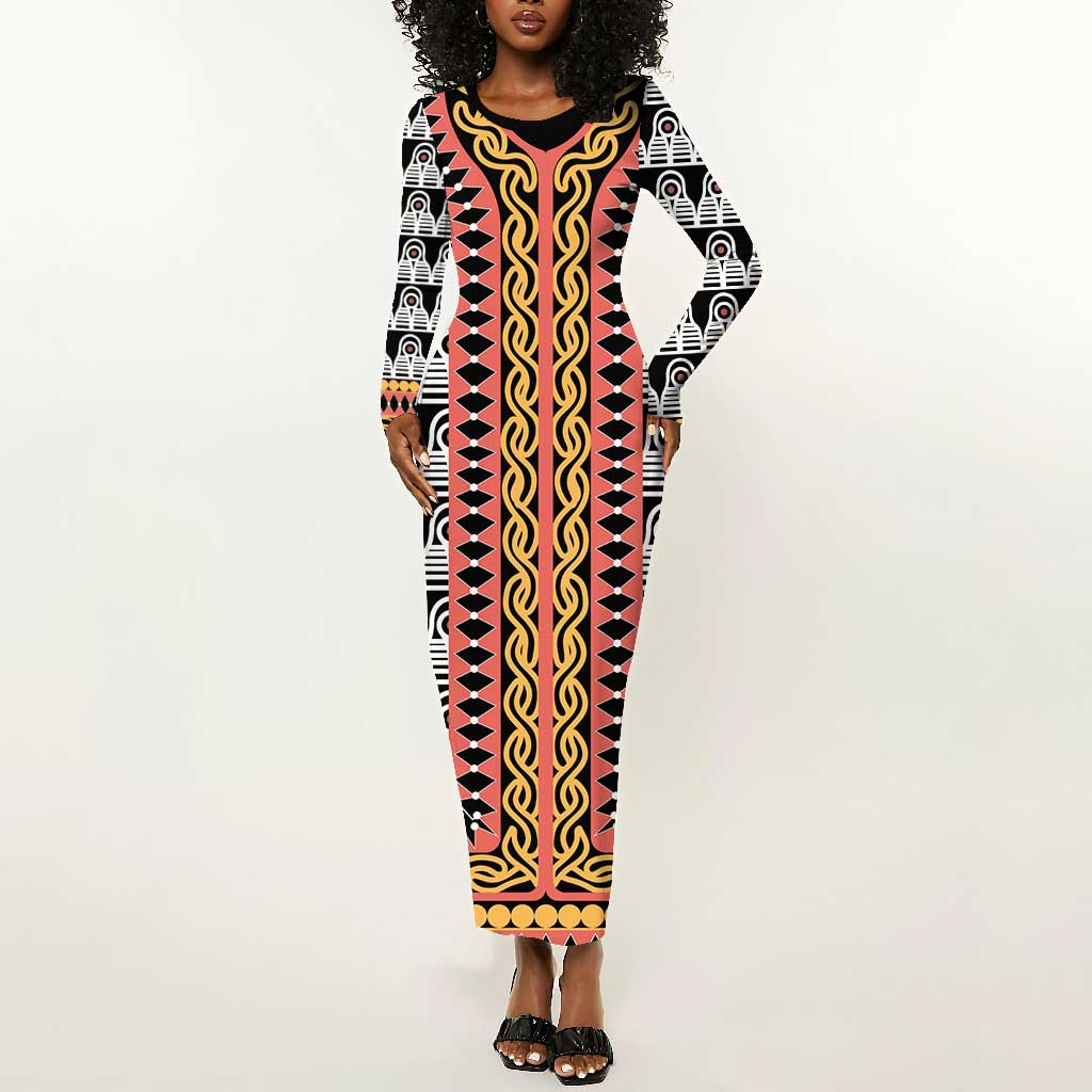 Cameroon Long Sleeve Bodycon Dress Toghu Traditional Pattern LT15