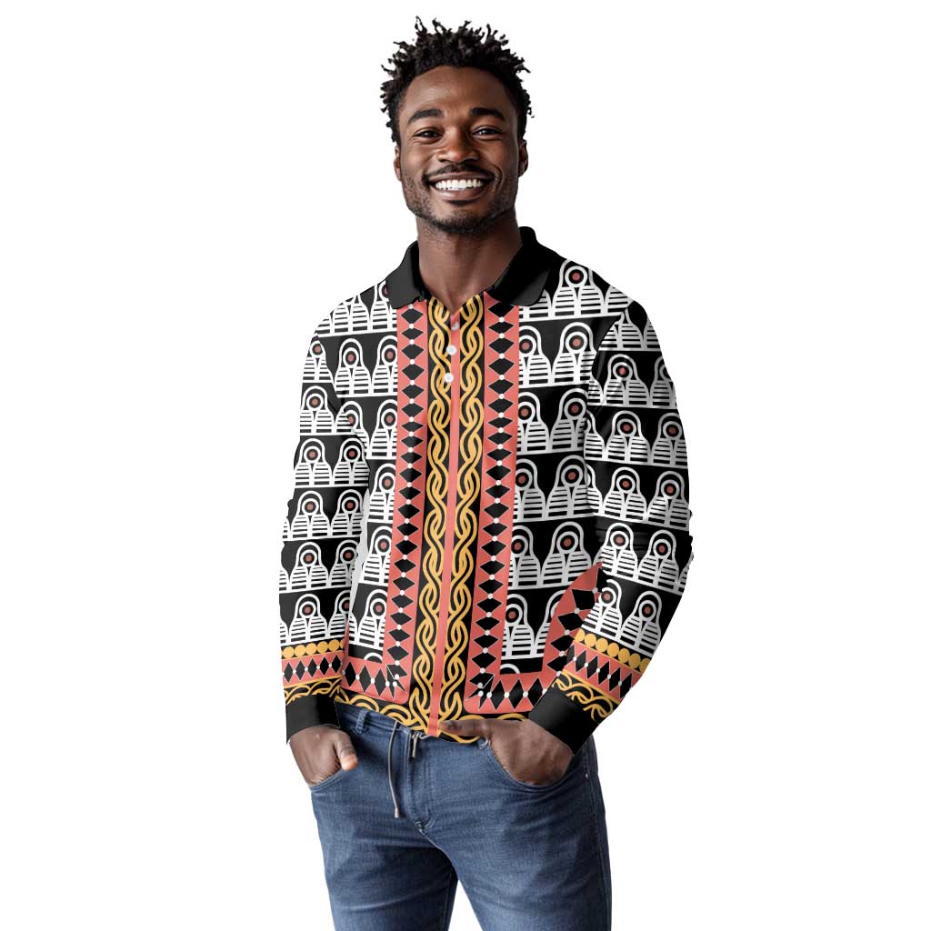 Cameroon Long Sleeve Polo Shirt Toghu Traditional Pattern