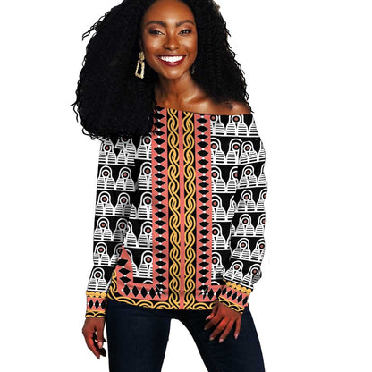 Cameroon Off Shoulder Sweater Toghu Traditional Pattern