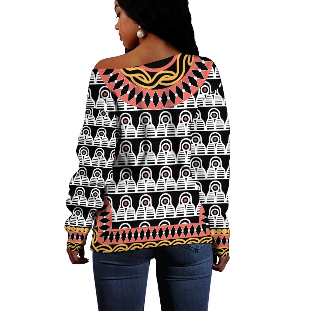 Cameroon Off Shoulder Sweater Toghu Traditional Pattern