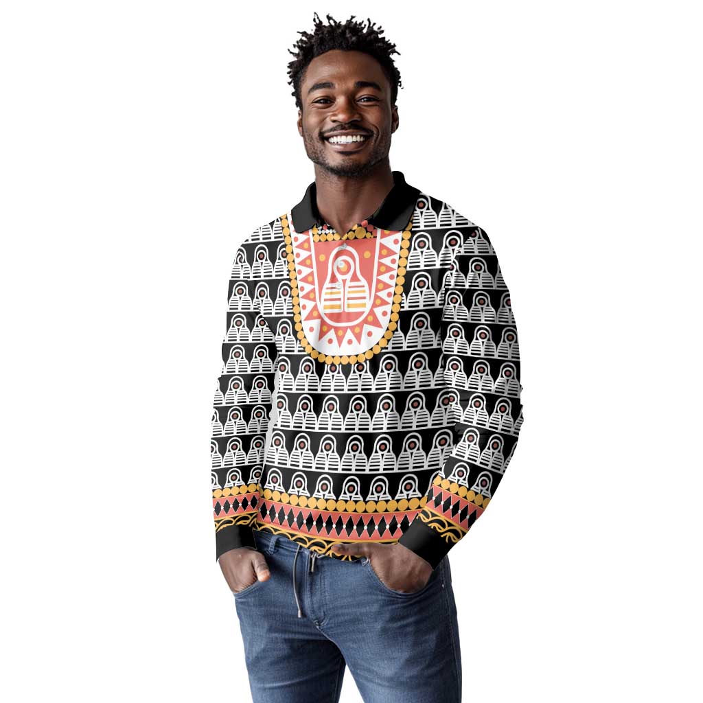 Cameroon Traditional Toghu Pattern Long Sleeve Polo Shirt
