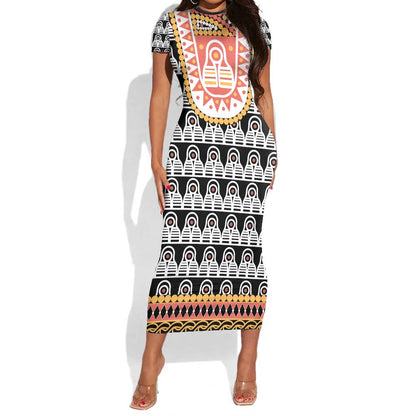 Cameroon Traditional Toghu Pattern Short Sleeve Bodycon Dress LT15