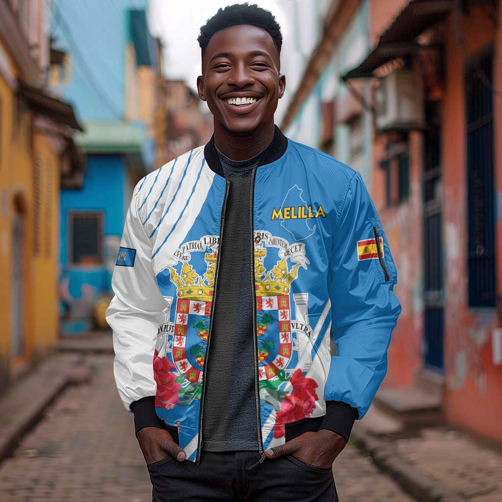 Melilla Spain Sleeve Zip Bomber Jacket Coat Of Arms With Map