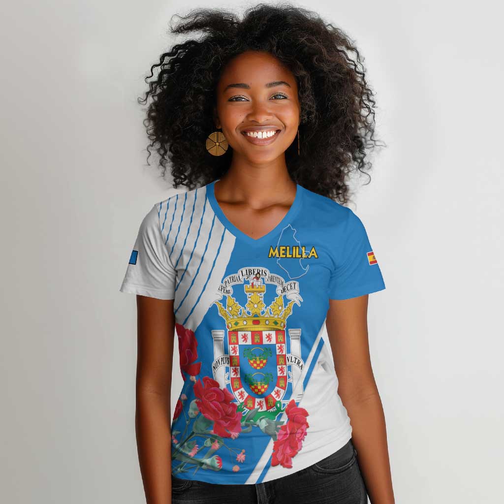 Melilla Spain Women V-Neck T-Shirt Coat Of Arms With Map