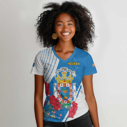 Melilla Spain Women V-Neck T-Shirt Coat Of Arms With Map
