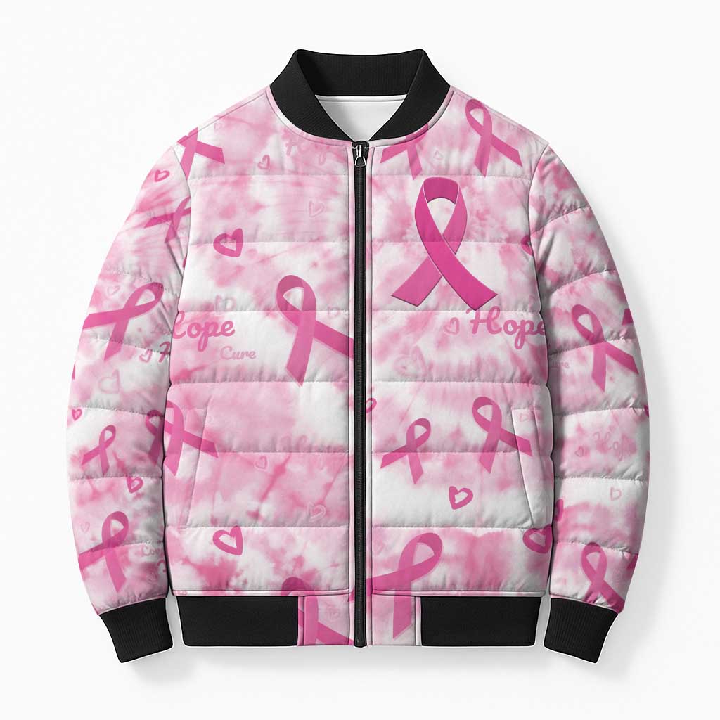 Breast Cancer Awareness Pink Ribbon Bomber Puffer Jacket Tie Dye Style
