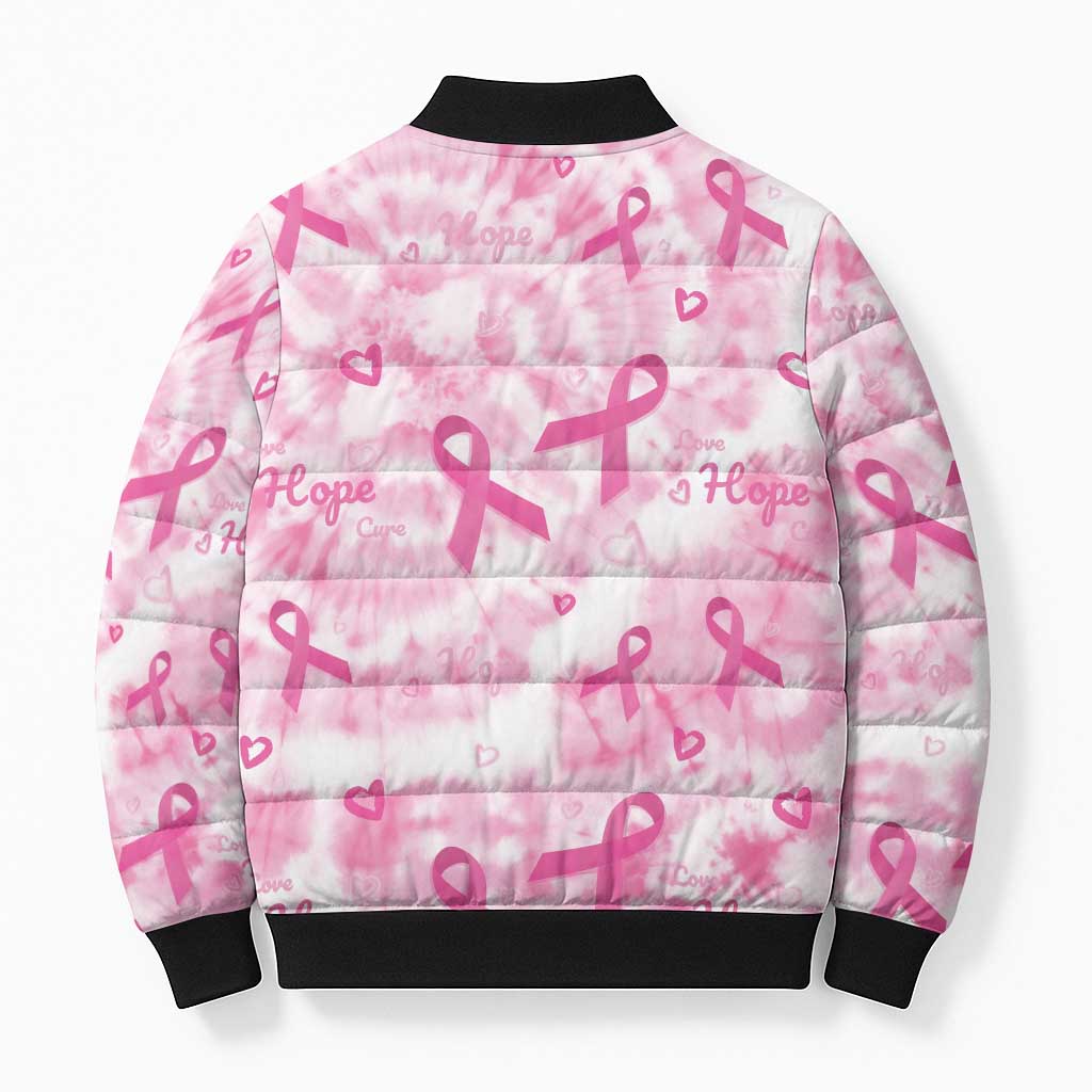Breast Cancer Awareness Pink Ribbon Bomber Puffer Jacket Tie Dye Style