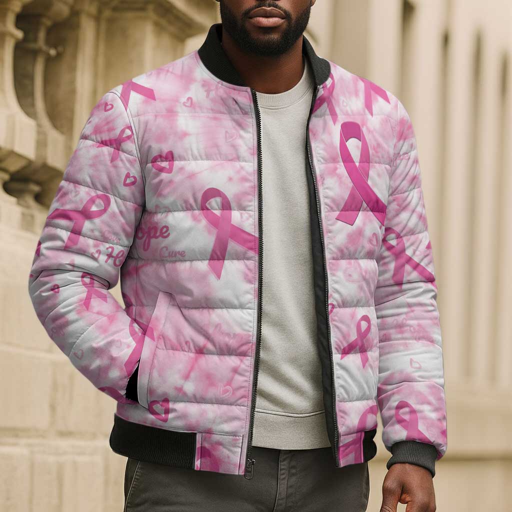 Breast Cancer Awareness Pink Ribbon Bomber Puffer Jacket Tie Dye Style