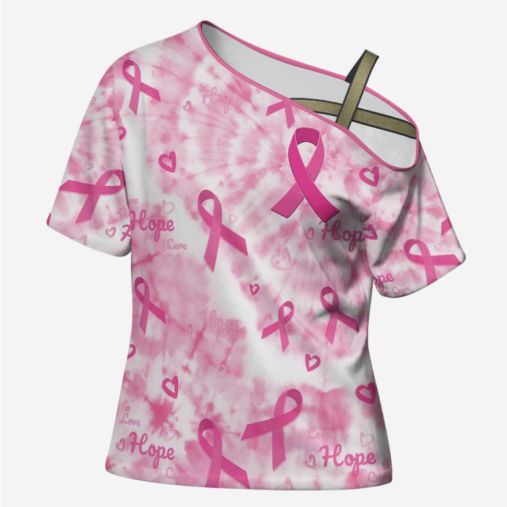 Breast Cancer Awareness Pink Ribbon Cross Shoulder Shirt Tie Dye Style