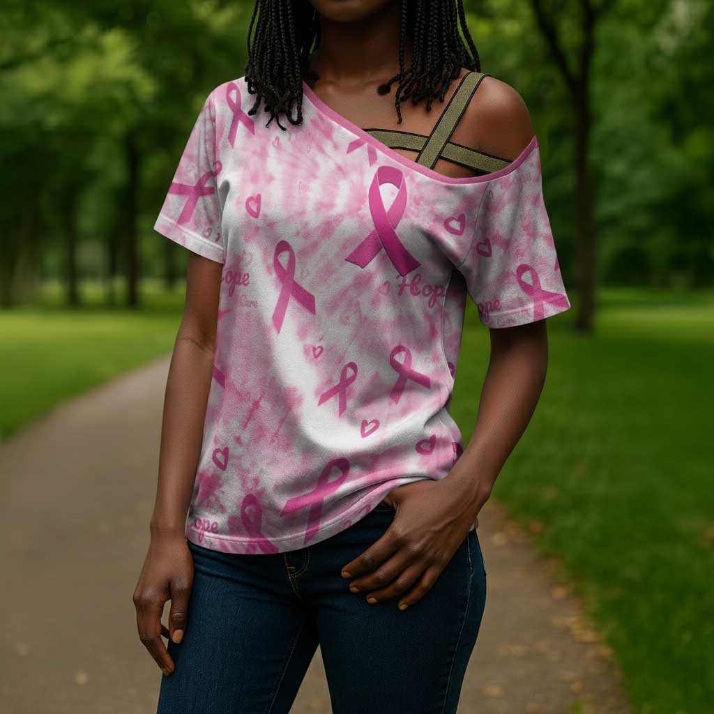 Breast Cancer Awareness Pink Ribbon Cross Shoulder Shirt Tie Dye Style
