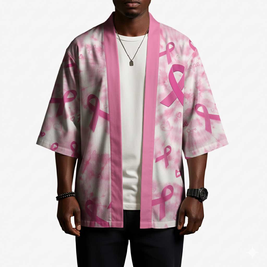 Breast Cancer Awareness Pink Ribbon Kimono Tie Dye Style