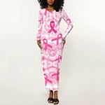 Pink Ribbon With Tie Dye Long Sleeve Bodycon Dress Breast Cancer Awareness - African Pride