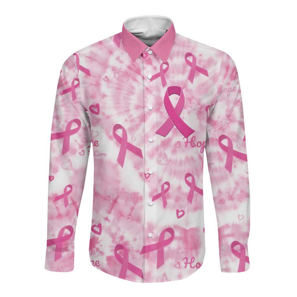Pink Ribbon With Tie Dye Long Sleeve Button Shirt Breast Cancer Awareness - African Pride