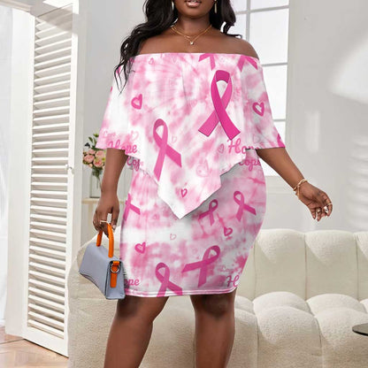Pink Ribbon With Tie Dye Off Shoulder Short Dress Breast Cancer Awareness - African Pride