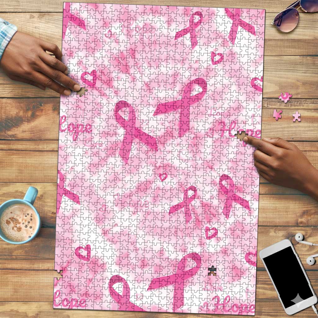 Breast Cancer Awareness Pink Ribbon Puzzle Tie Dye Style