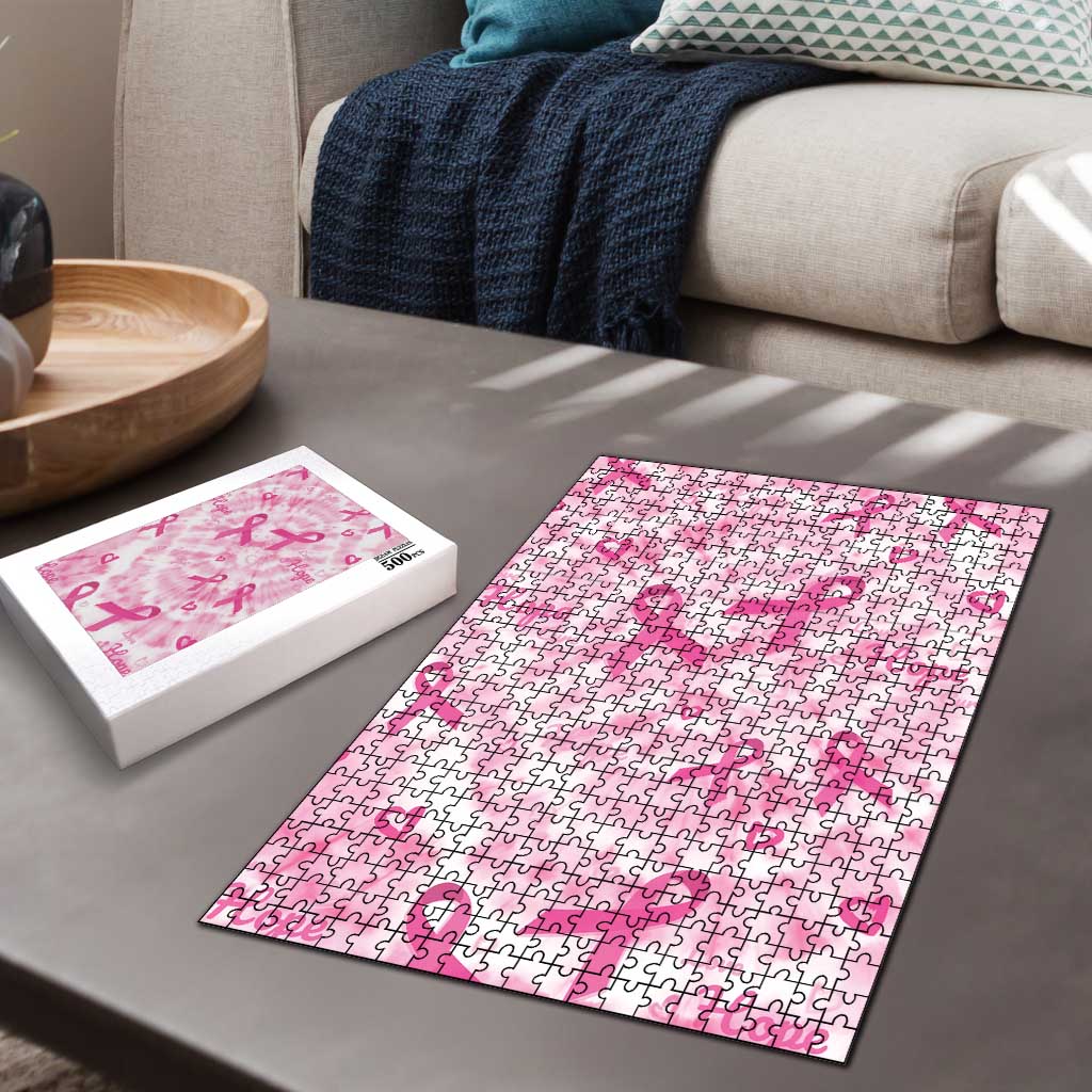 Breast Cancer Awareness Pink Ribbon Puzzle Tie Dye Style