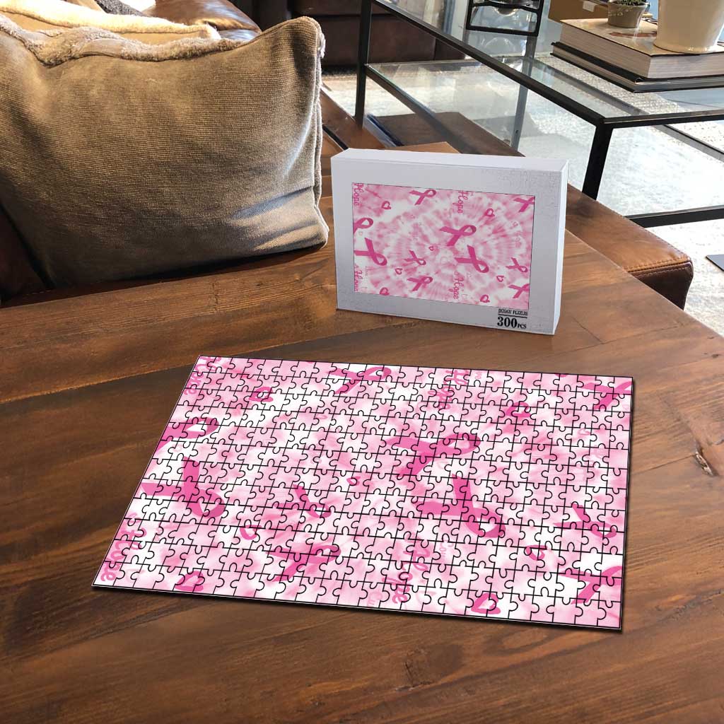 Breast Cancer Awareness Pink Ribbon Puzzle Tie Dye Style