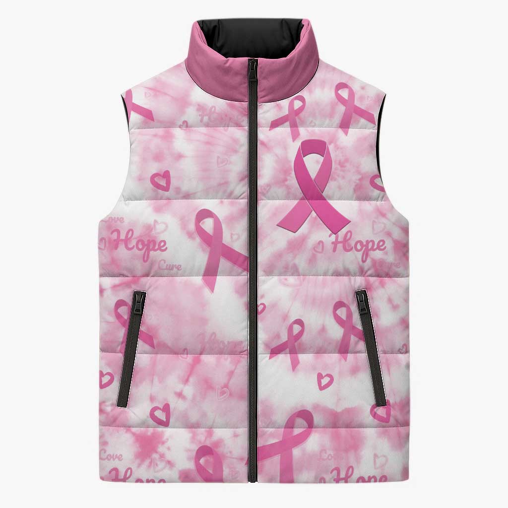 Breast Cancer Awareness Pink Ribbon Sleeveless Puffer Jacket Tie Dye Style