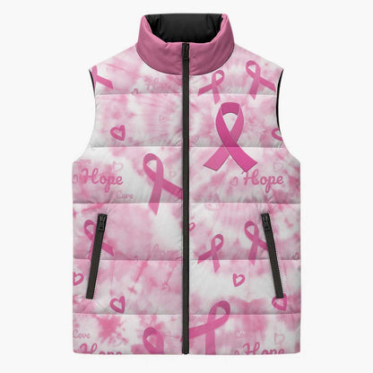 Breast Cancer Awareness Pink Ribbon Sleeveless Puffer Jacket Tie Dye Style