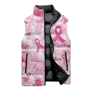 Breast Cancer Awareness Pink Ribbon Sleeveless Puffer Jacket Tie Dye Style
