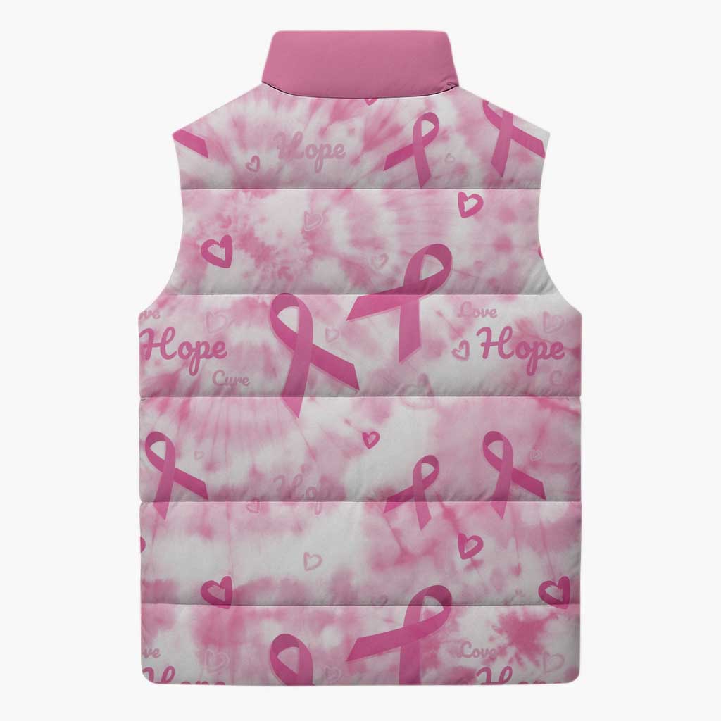 Breast Cancer Awareness Pink Ribbon Sleeveless Puffer Jacket Tie Dye Style